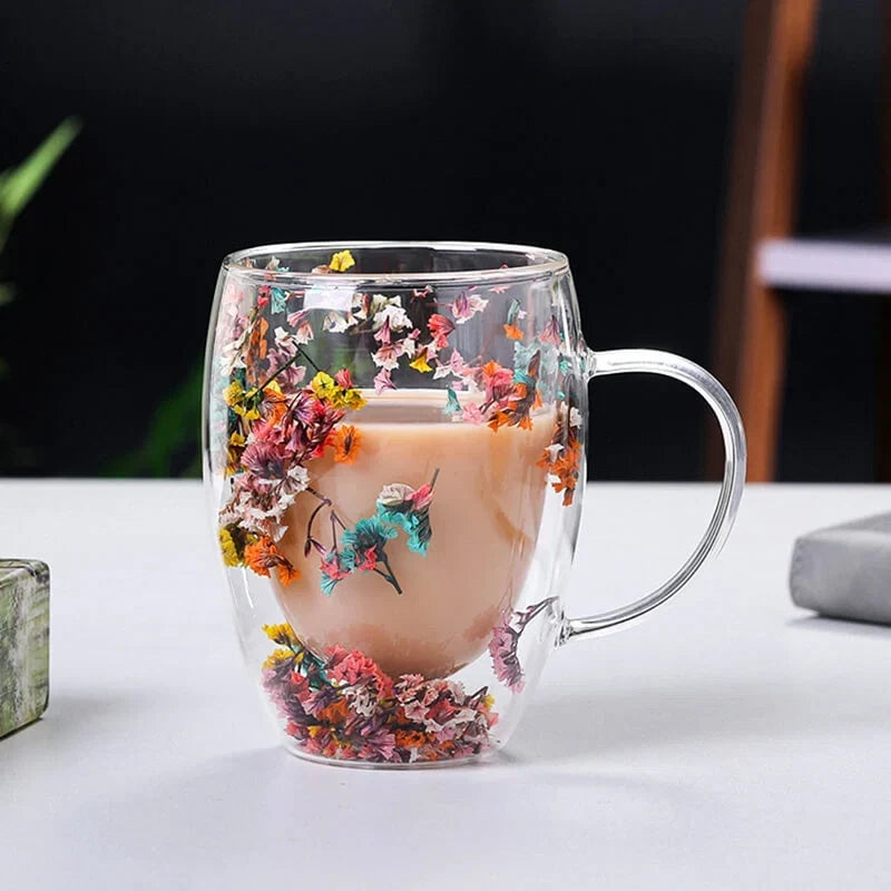 Caneca Flowers Artesanal em Vidro Duplo