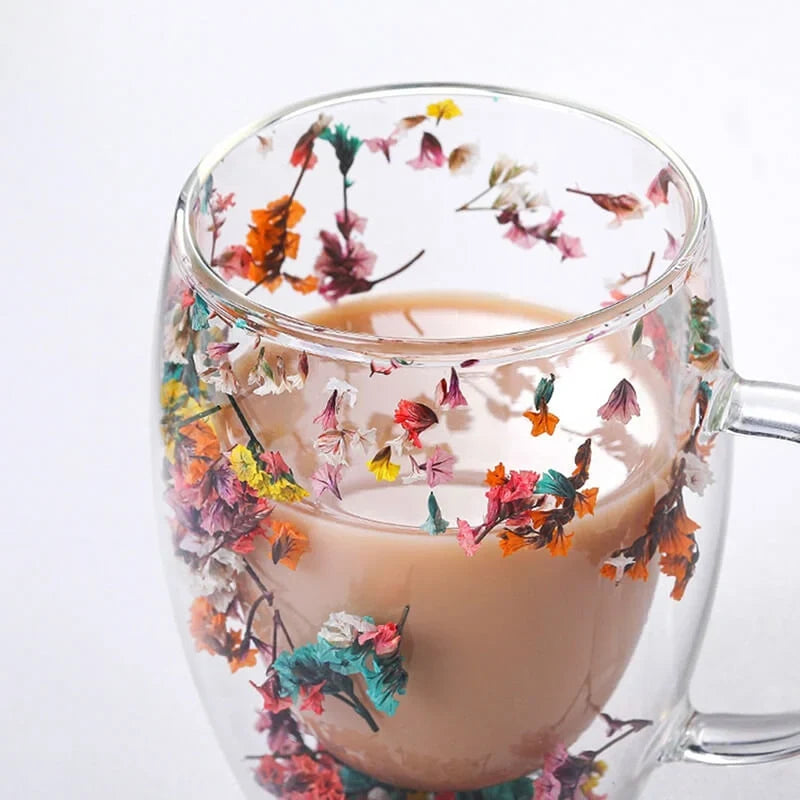 Caneca Flowers Artesanal em Vidro Duplo.