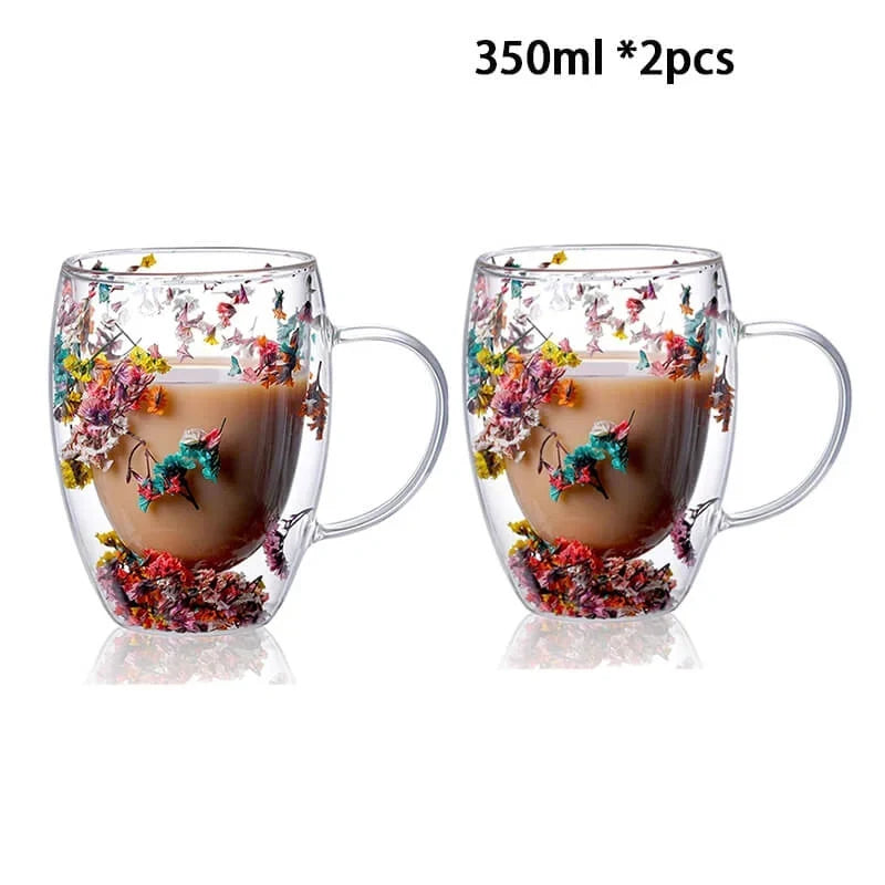 Caneca Flowers Artesanal em Vidro Duplo