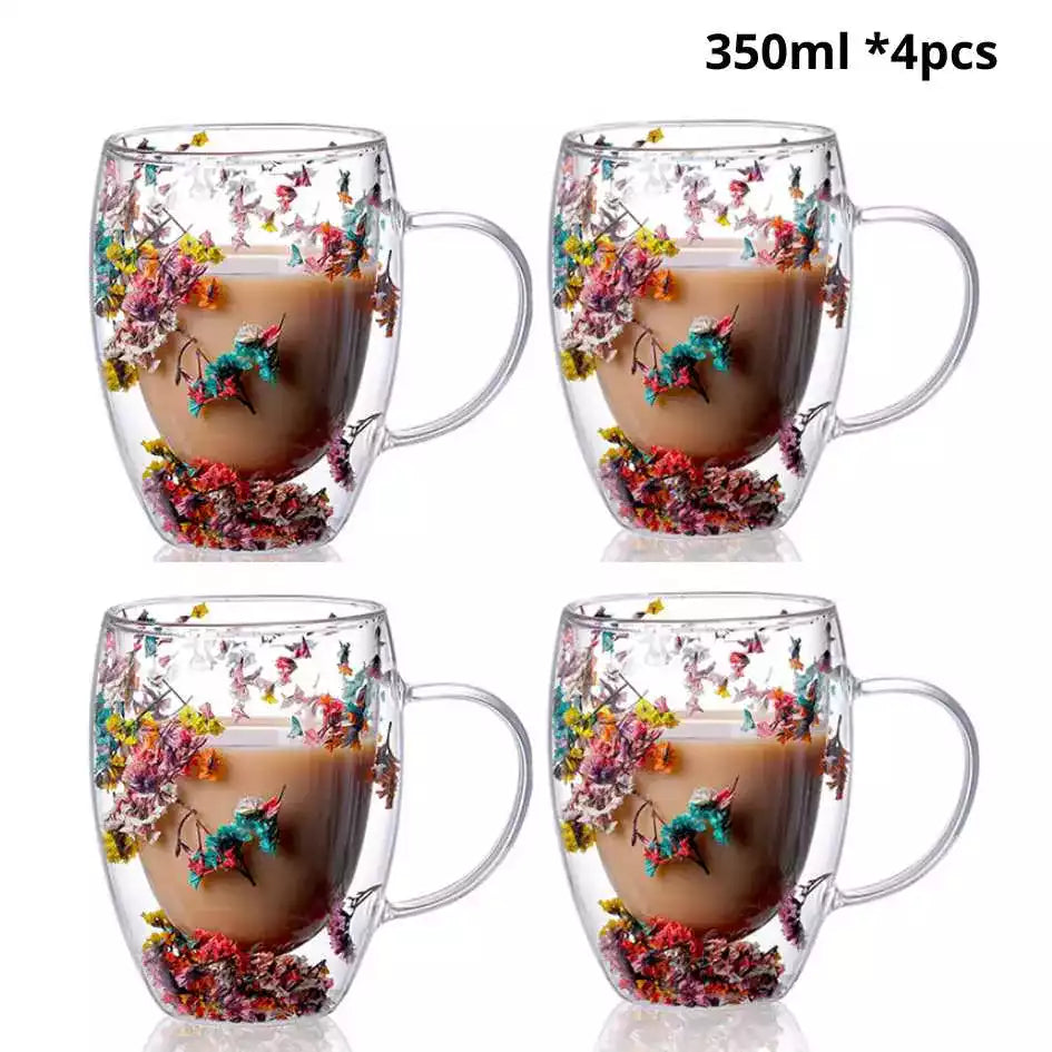 Caneca Flowers Artesanal em Vidro Duplo.